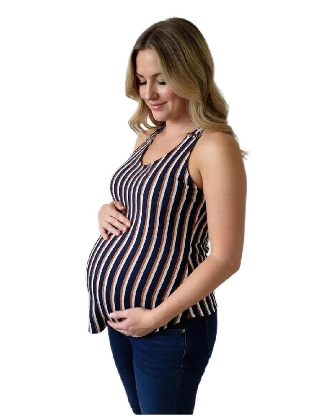 Tutta Bella maternity Top Sleveless strap Stripe Top Sz L Stretch Navy Blue